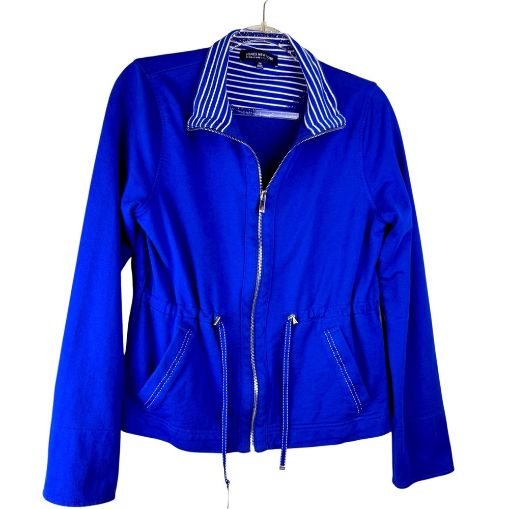 Jones New York Women's Jacket Striped Collar and Wrists Drawstring Waist Sz PM